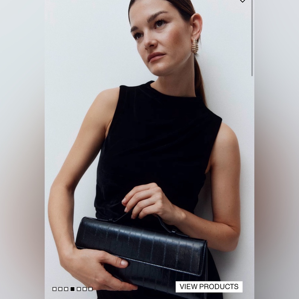 H&M Black Patent Faux Leather Structured Top Handle Clutch Bag Minimal🖤